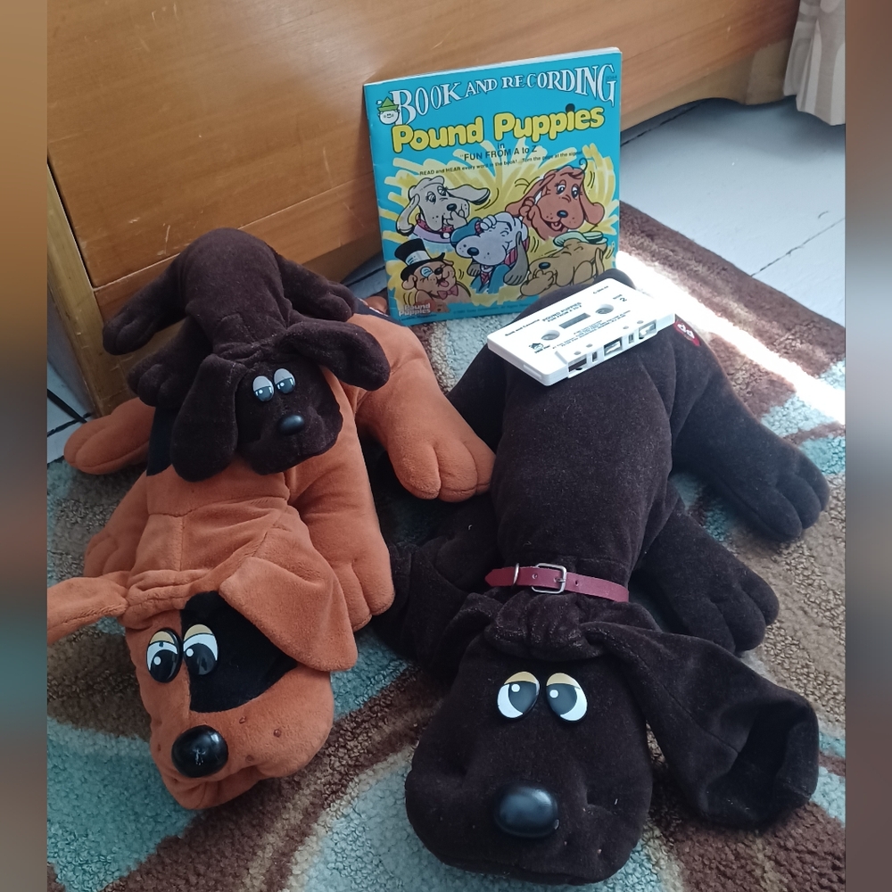 Vintage 80s Pound Puppies - 3 plush dog dogs & 1985 Read Along Book & Cassette